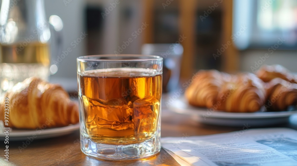 A close-up shot of a glass of on a breakfast table, with a plate of croissants and a newspaper in the background, capturing a classic morning scene. A close-up shot of a glass of on a breakfast table, with a plate of croissants and a newspaper in the background, capturing a classic morning scene.