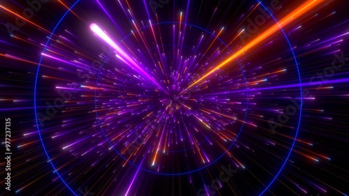 Abstract background in blue and purple neon glow colors. Speed of light in galaxy. Explosion in universe. Space background for event, party, carnival, celebration, anniversary or other. 3D rendering.
