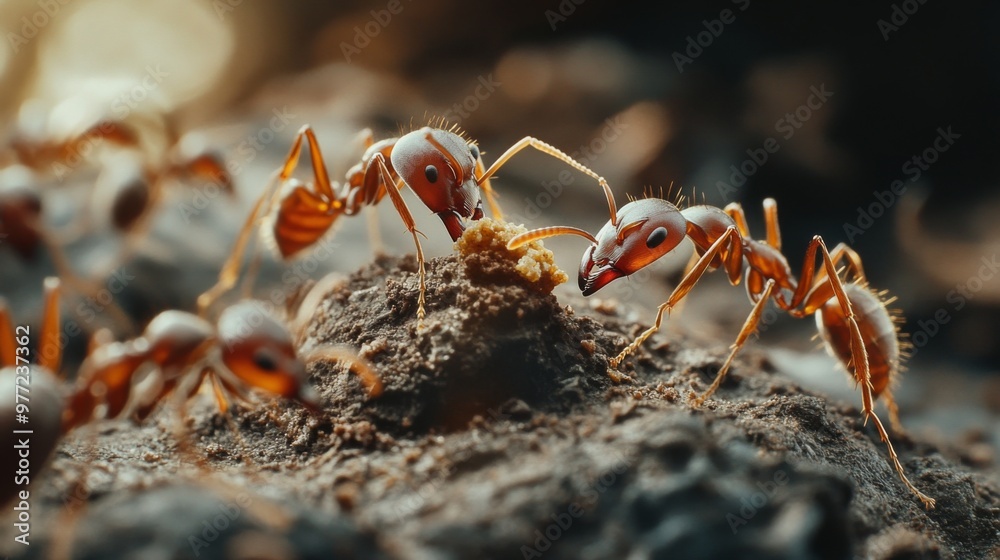 A close-up shot of ants working together to carry a piece of food back to their nest, with a focus on their coordination and strength A close-up shot of ants working together to carry a piece of food back to their nest, with a focus on their coordination and strength