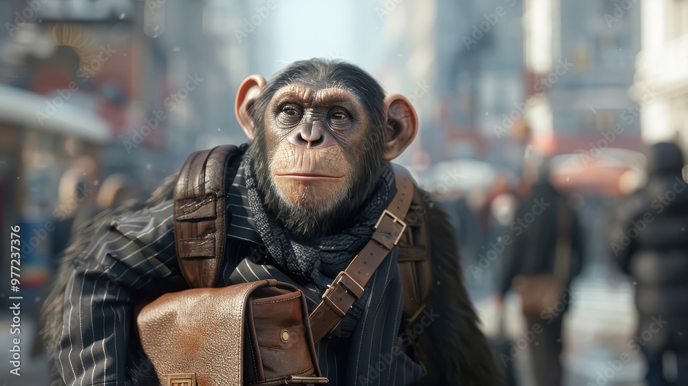 Photorealistic chimpanzee in pinstripe suit walking through city. Photorealistic chimpanzee in pinstripe suit walking through city.
