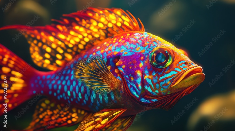 Exotic fish with glowing scales, radiant patterns, and intricate fins, close-up of bold, striking details with vivid colors. Exotic fish with glowing scales, radiant patterns, and intricate fins, close-up of bold, striking details with vivid colors.