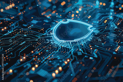 3D Illustration: Advanced Futuristic Microprocessor Chip Connecting with a Motherboard and Activates entire System. Energy Pulse Expanding after