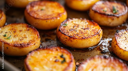 A close-up shot of roasted on a baking sheet, with golden-brown caramelization and crispy edges, showcasing their delicious transformation through cooking.