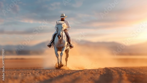 Dramatic horse galloping across desert in white suit.