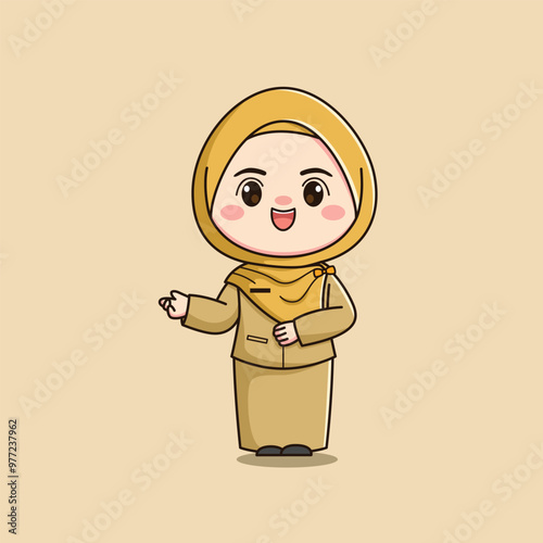 cute hijab teacher character with welcome hands ver2 photo