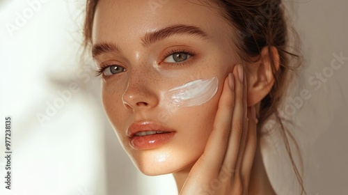 A model applying a collagen-boosting serum to her face, her skin looking plump and youthful, with soft, natural lighting photo