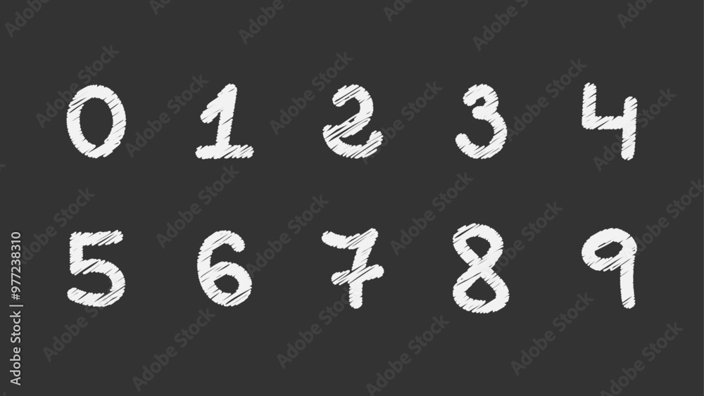 A set of handwritten numbers from zero to nine. The numbers are scribbled in white on a dark grey background, creating a chalkboard-like effect. A set of handwritten numbers from zero to nine. The numbers are scribbled in white on a dark grey background, creating a chalkboard-like effect.