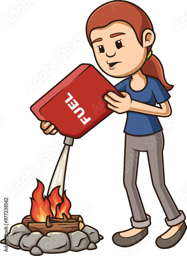 Cartoon adding fuel to the fire popular saying vector illustration