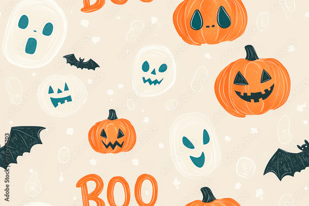 Abstract seamless pattern with halloween design of speech bubble and word BOO on a beige background. Abstract seamless pattern with halloween design of speech bubble and word BOO on a beige background.