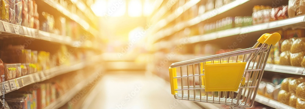 Digital illustration of a shopping cart on a blurred background with shelves, symbolizing the concept of online grocery shopping. The yellow and blue color scheme adds vibrancy to create an attractive Digital illustration of a shopping cart on a blurred background with shelves, symbolizing the concept of online grocery shopping. The yellow and blue color scheme adds vibrancy to create an attractive
