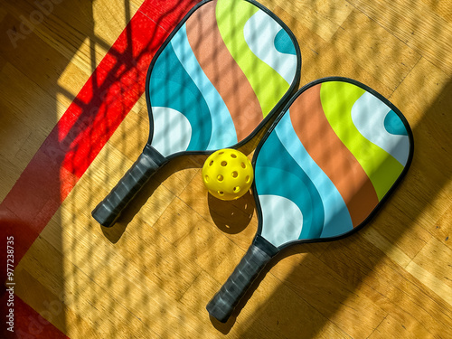 colorful pickleball paddles and ball on indoor court