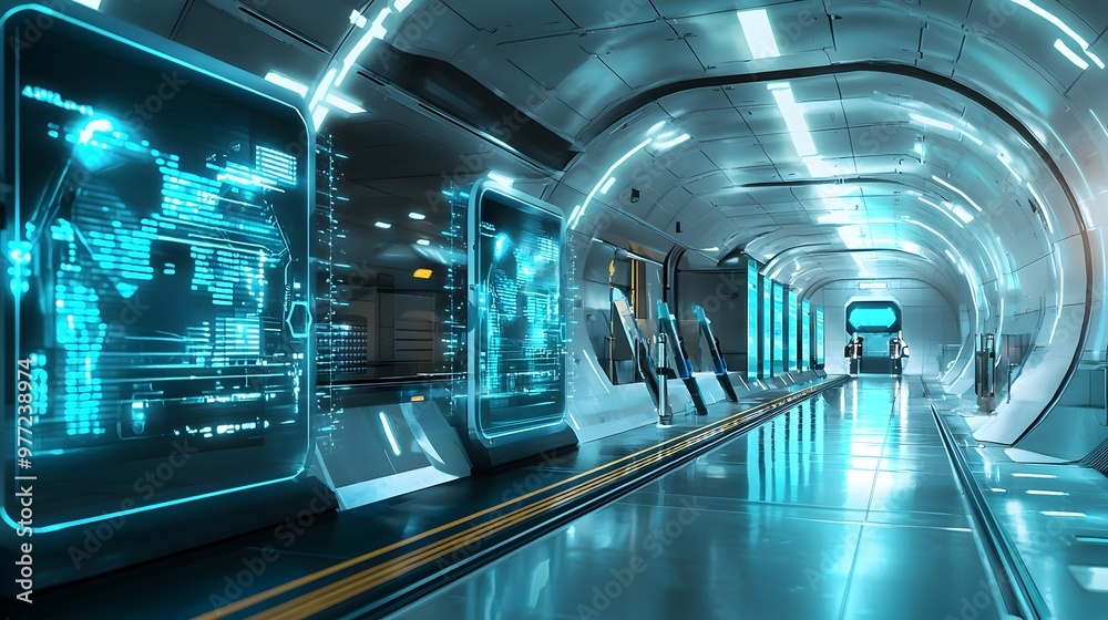 Fototapeta premium Futuristic Hyperloop Terminal with Automated Boarding Gates and Holographic Displays