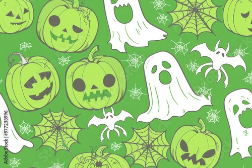 Cartoon Halloween green seamless pumpkins and ghost and monsters and spider and web pattern for fabrics.