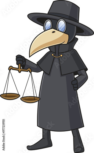 Cartoon plague doctor holding scales vector illustration