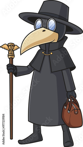 Cartoon plague doctor holding cane and toolbox vector illustration