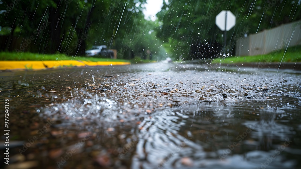 Fototapeta premium Rainwater flowing on an avenue and storm debris in the distance on a wet day