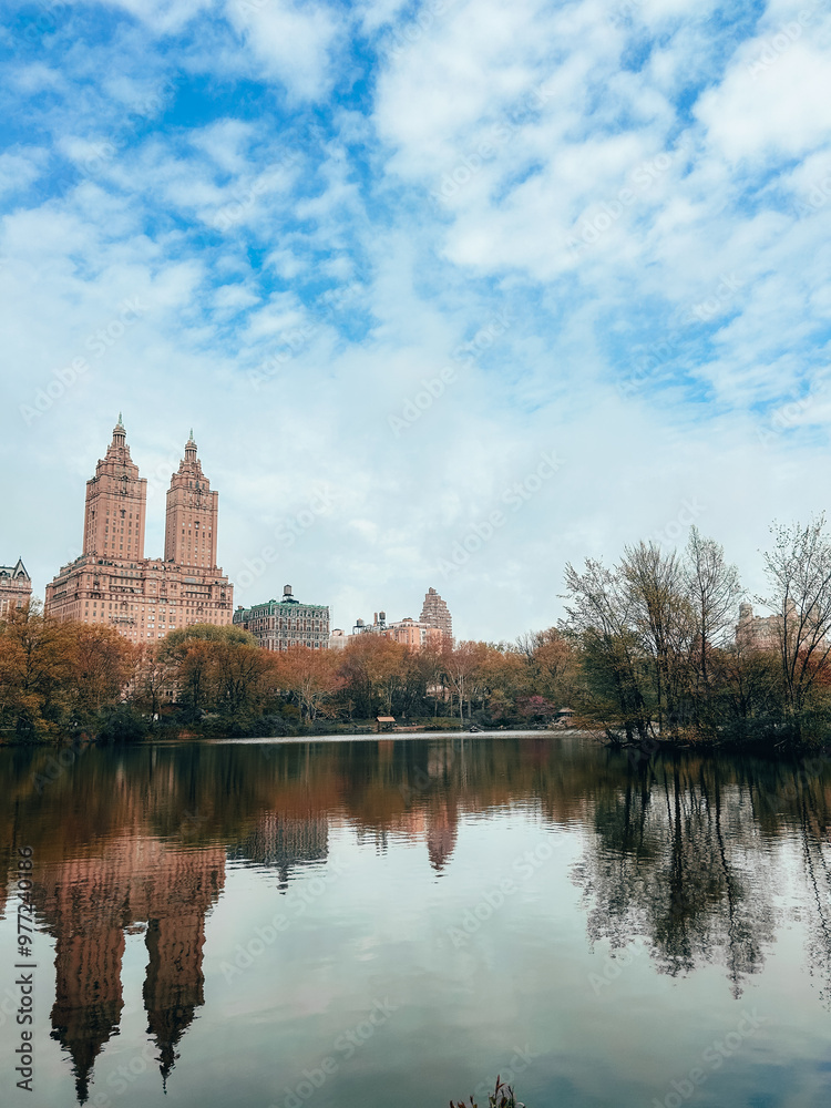 Beautiful buildings on the lake in Central Park, New York Beautiful buildings on the lake in Central Park, New York