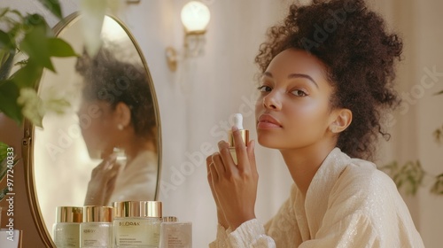 A woman applying an oil-balancing serum in front of a mirror, her skin glowing and fresh under soft, natural light photo