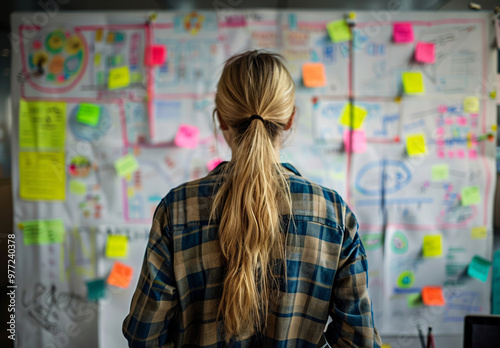 A woman in casual attire, standing at an office whiteboard with colorful post-it notes and complex flow charts, focusing on creating creative designs for marketing materials, her back to the camera  photo