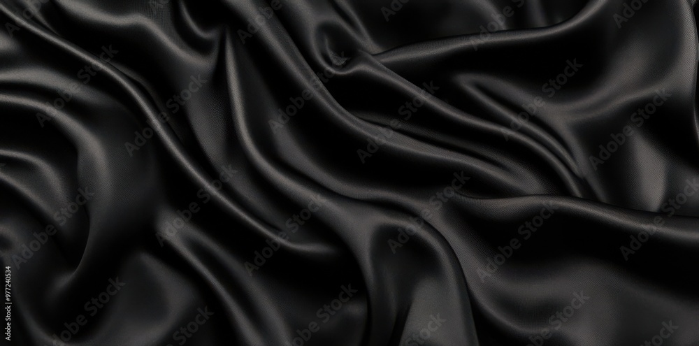 Fototapeta premium Smooth black satin fabric with soft and flowing folds, used for backgrounds or elegant textile designs.