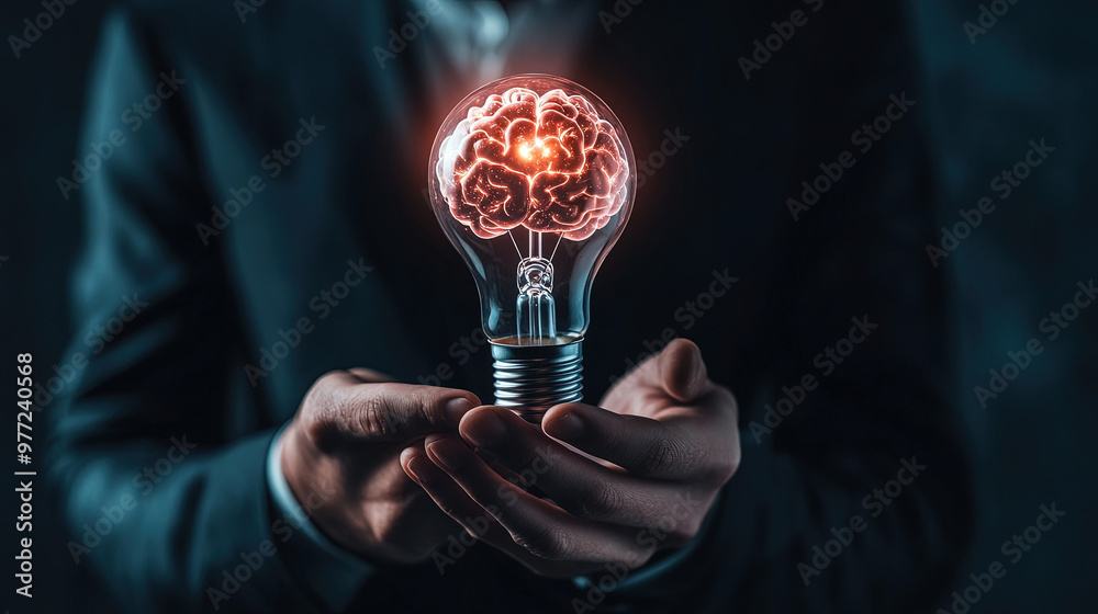 custom made wallpaper toronto digitalBusinessman holding a light bulb with a glowing brain. Business innovation and tech. Symbolizing innovation idea. Brain smart. Innovative thinking and creative for business success. Future. Copy space