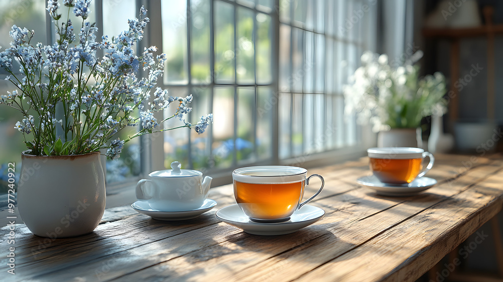 Calm morning scene with tea cups and fresh flowers by the window, creating a warm and inviting atmosphere for relaxation. Calm morning scene with tea cups and fresh flowers by the window, creating a warm and inviting atmosphere for relaxation.