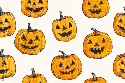 Hand drawn Halloween pumpkin seamless pattern design retro style pumpkins printable texture.