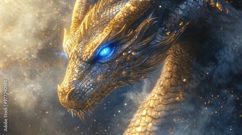 Close-up of a dragon with shimmering scales, glowing blue eyes, and intricate golden accents, surrounded by soft, magical mist.