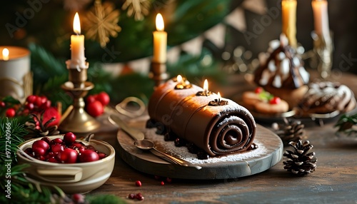 Rustic chocolate roll adorned with candles, embodying a festive Pagan Christmas and New Year spirit, ideal for greeting cards, posters, and banners