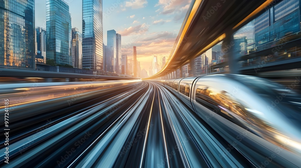 Hyperloop Pod Races Alongside Traditional Trains in an Urban Landscape,Showcasing the Contrast of