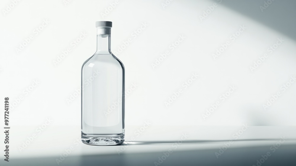 A minimalist vodka bottle with a clean, transparent design, with the cap slightly tilted, isolated on white. A minimalist vodka bottle with a clean, transparent design, with the cap slightly tilted, isolated on white.