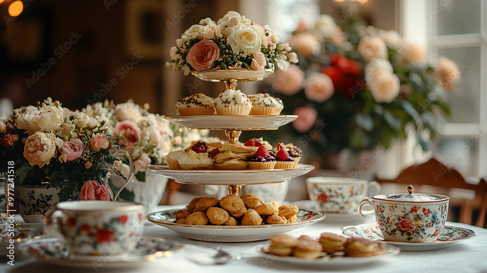 Elegant dessert table featuring exquisite pastries, floral arrangements, and fine china for a charming afternoon tea. Elegant dessert table featuring exquisite pastries, floral arrangements, and fine china for a charming afternoon tea.