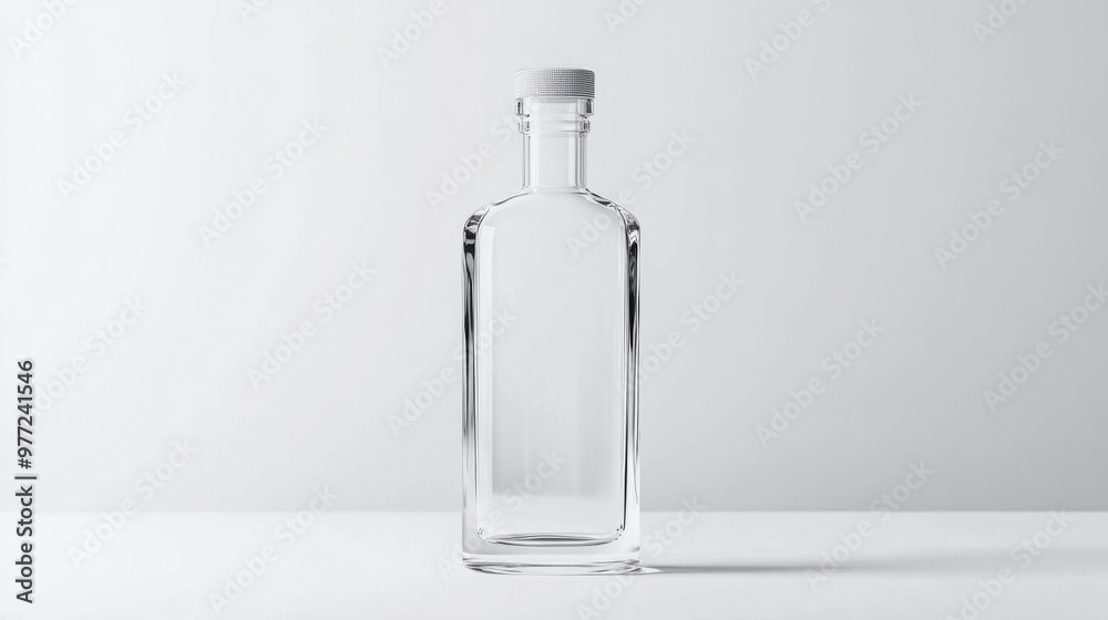 A minimalist vodka bottle with a clean, transparent design, with the cap slightly tilted, isolated on white. A minimalist vodka bottle with a clean, transparent design, with the cap slightly tilted, isolated on white.