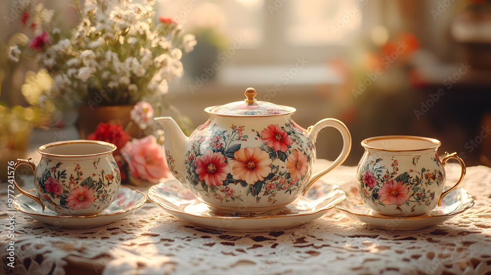 Elegant floral tea set on a lace tablecloth, perfect for creating a warm and inviting atmosphere in any setting. Elegant floral tea set on a lace tablecloth, perfect for creating a warm and inviting atmosphere in any setting.