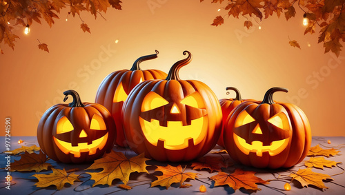 A collection of carved pumpkins with various expressions, arranged in different sizes and heights, illuminated by candles and surrounded by autumn leaves.