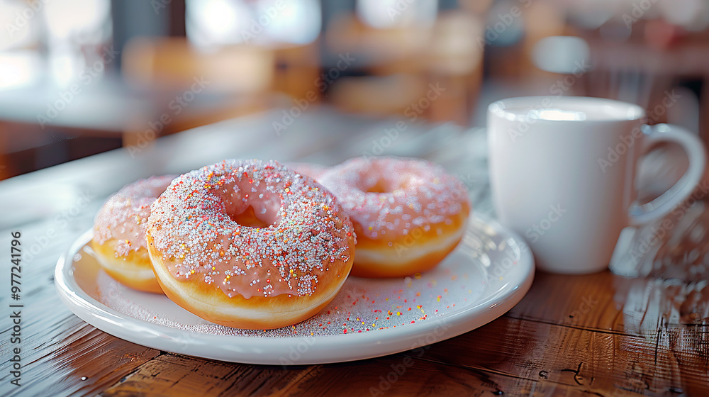 Donuts and a cup of milk, cup of coffee and cookies Donuts and a cup of milk, cup of coffee and cookies