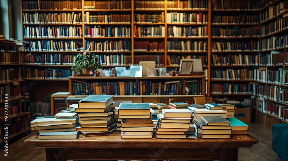 Stacks of Books on a Wooden Table in a Library Stacks of Books on a Wooden Table in a Library