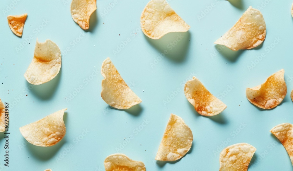 Crispy potato chips scattered on a light blue background, creating a playful and fun atmosphere full of texture Crispy potato chips scattered on a light blue background, creating a playful and fun atmosphere full of texture