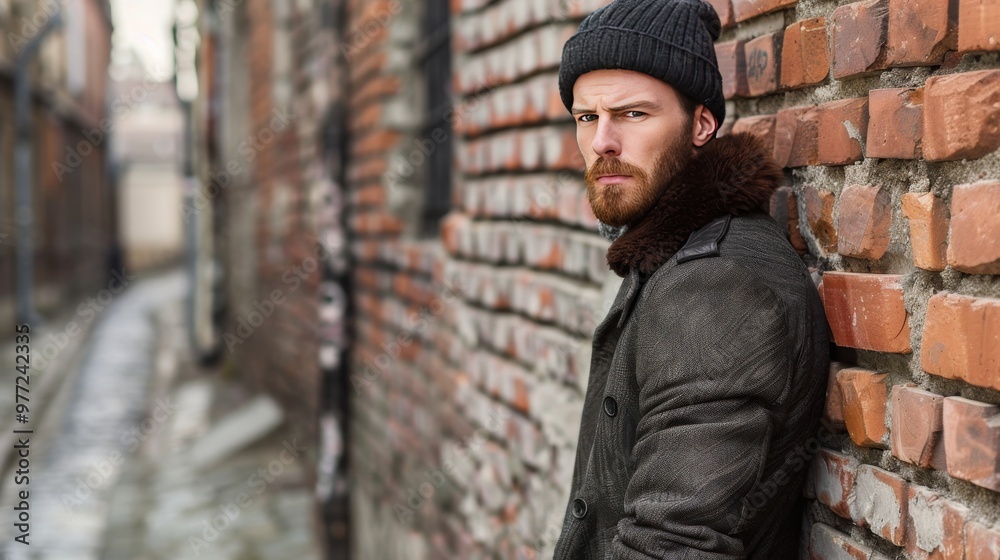 Bearded man in warm coat stands in narrow brick alleyway Bearded man in warm coat stands in narrow brick alleyway