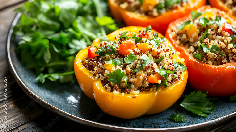 plate of quinoa-stuffed bell peppers, baked to perfection and served with a side plate of quinoa-stuffed bell peppers, baked to perfection and served with a side