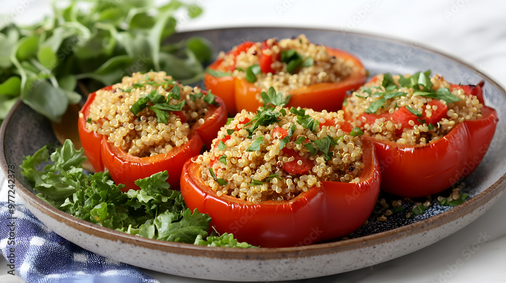 plate of quinoa-stuffed bell peppers, baked to perfection and served with a side plate of quinoa-stuffed bell peppers, baked to perfection and served with a side