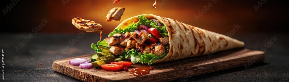 Delicious wrap filled with grilled vegetables, fresh greens, and savory sauces, captured in a warm, inviting light. Delicious wrap filled with grilled vegetables, fresh greens, and savory sauces, captured in a warm, inviting light.