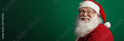 Banner of jolly Santa Claus joyfully posed against green background with copy space, showing cheer and happiness for Christmas holidays