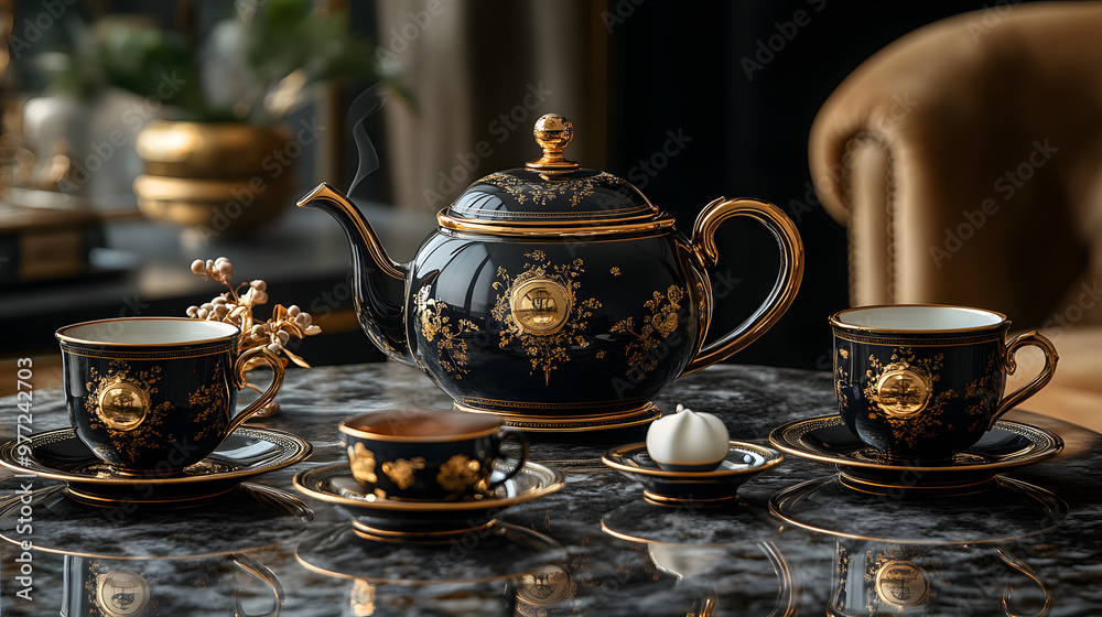Elegant tea set displayed on a marble table, featuring ornate gold detailing and a rich black finish, perfect for sophisticated gatherings. Elegant tea set displayed on a marble table, featuring ornate gold detailing and a rich black finish, perfect for sophisticated gatherings.