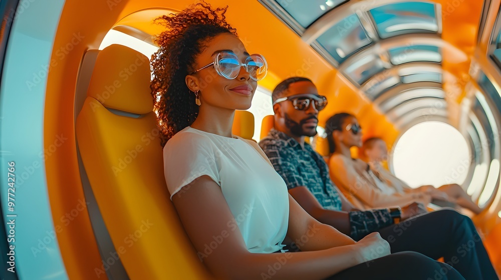 Obraz premium Diverse passengers inside a futuristic hyperloop pod showcasing modern global mobility innovation
