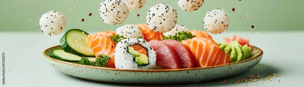 Vibrant sushi platter featuring fresh fish, rice, and vegetables, elegantly presented on a green background.