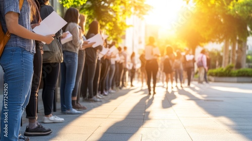 American voters standing in a line that stretches outside a polling station hands holding ballots photo