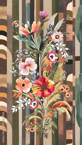 Watercolor flower motif background. Hand painted earthy whimsical seamless pattern. Modern floral linen textile for spring summer home decor. Decorative scandi style colorful nature all over print