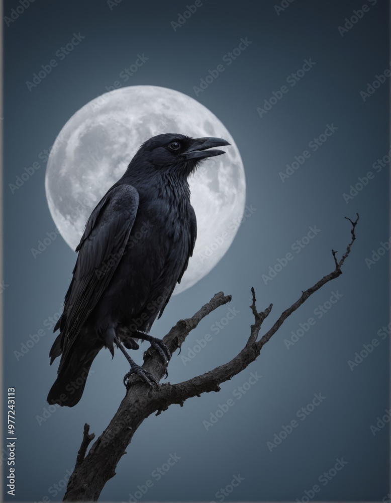 Fototapeta premium A mysterious raven perched on a bare branch under a full moon in a dark, cloudy sky. This eerie scene is perfect for Halloween-themed backgrounds, evoking feelings of mystery and suspense.