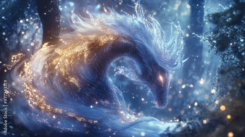 Fototapeta premium Mythical creature with flowing, glowing mane and crystal scales, close-up of intricate textures and magical aura in a fairy tale forest.